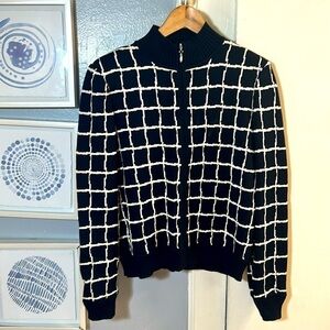 St. John Window Pain Women’s Size 8 Navy Blue White Sweater Jacket Zipper Front